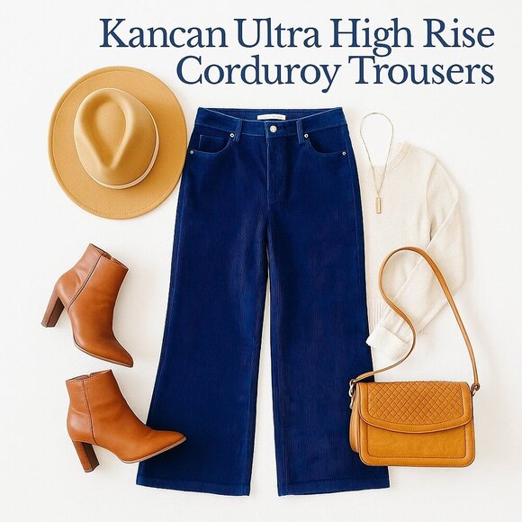 NWT KanCan Navy Blue Corduroy Wide Leg High Rise Boho Pants Size 32 Stretch - Picture 1 of 15